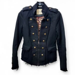 Zara Women Trafaluc Military Frayed Jacket Zipper Front Buttons Accent Black SM